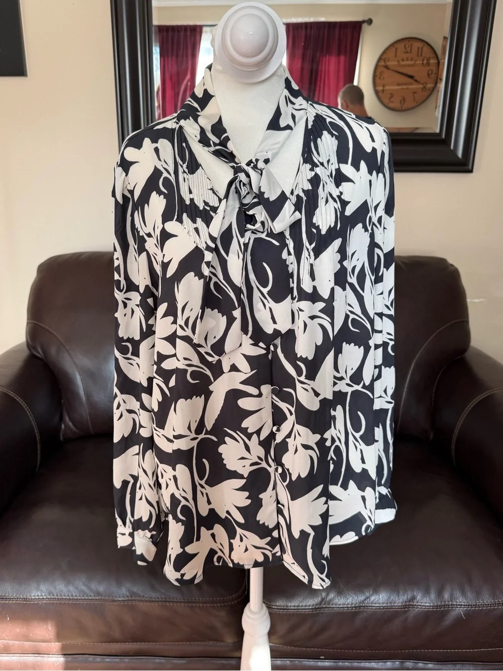 J. Crew Navy and White Floral Tie-Neck Blouse